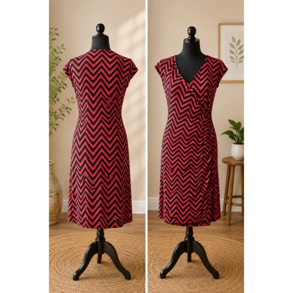 Lauren Ralph Lauren Red Black Chevron Faux Wrap Dress Ruched Midi Sheath Medium